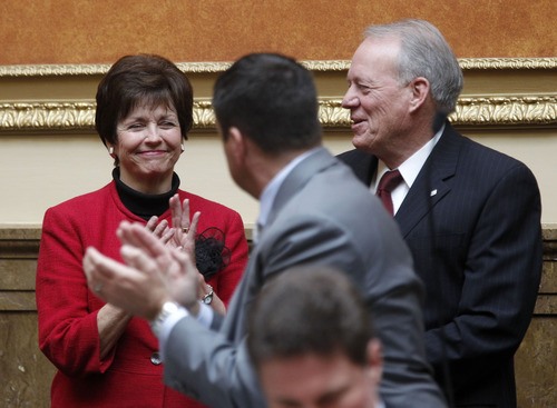 Al Hartmann  |  The Salt Lake Tribune
Members of the Utah House of Representatives applauds for Stephen Nadauld, President of Dixie State College and his wife Margaret Dyreng Nadauld.  They were present for passage of HB61 to change Dixie State College to University status.